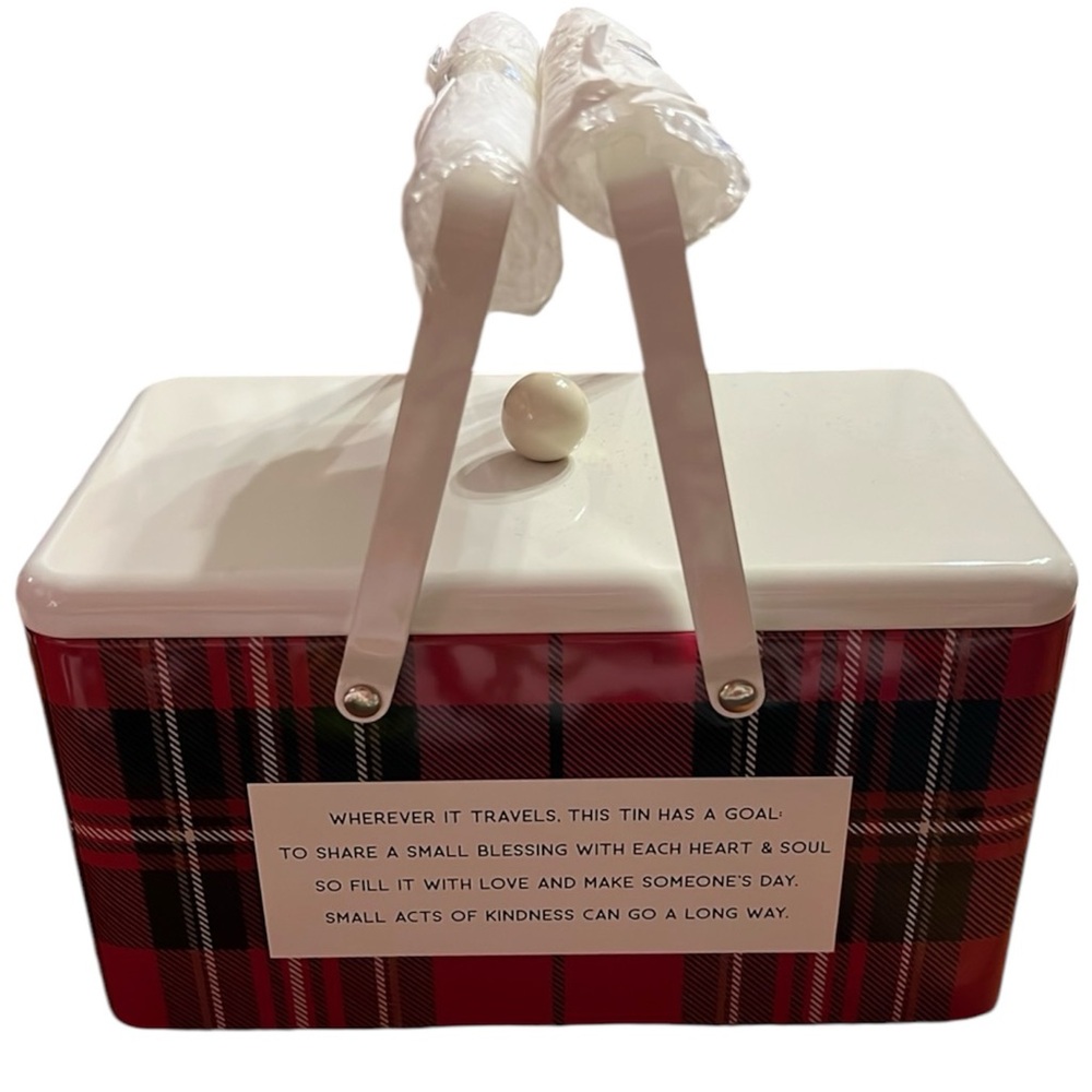 NWT Hallmark The Giving Tin Share The Good Pass It Along Red Plaid with Handles